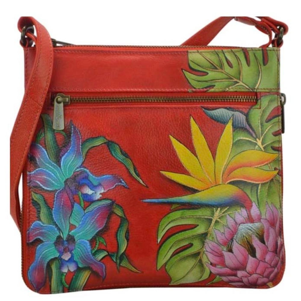 SHOULDER BAG, ANUSCHKA LEATHER, RED WITH MULTICOLOUR FLORAL HANDPAINTED, SHOULDE